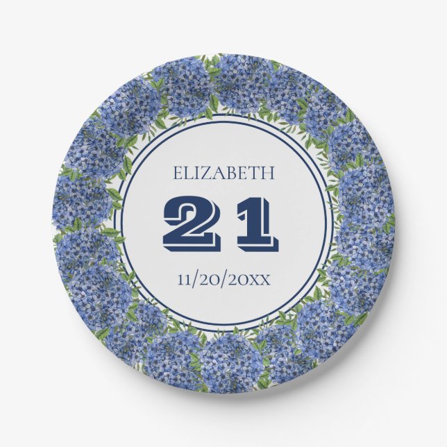 Elegant Floral Blue Hydrangea 21st Birthday Party Paper Plate (Front)