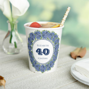 Elegant Floral Blue Hydrangea 40th Birthday Party Paper Cups