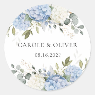 Elegant Floral Blue Hydrangea Greenery Wedding Classic Round Sticker