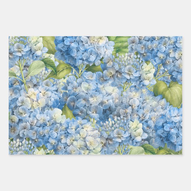 Elegant Floral Blue Hydrangea Pattern Wrapping Paper Sheet (Front)