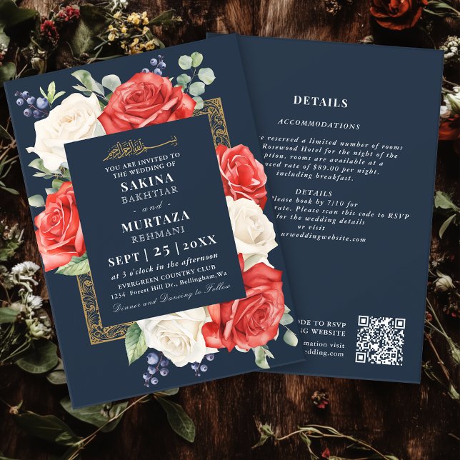 Elegant Floral Blue Muslim Wedding QR Code Invitation (Creator Uploaded)
