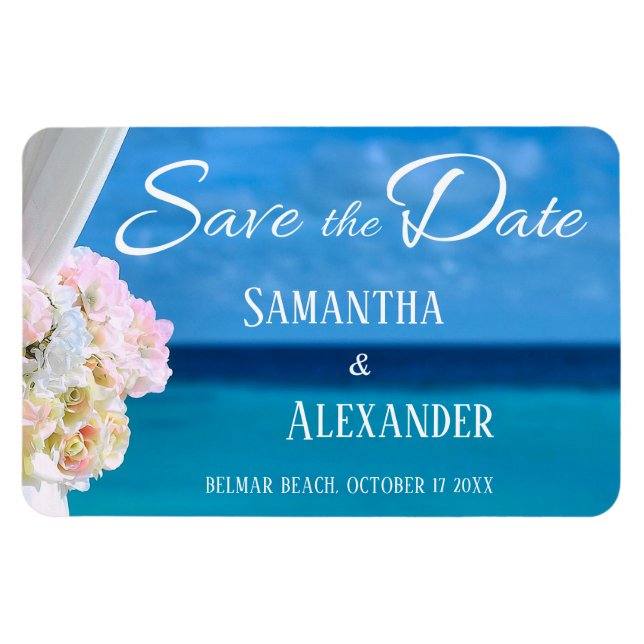 Elegant Floral Blue Ocean Beach Save the Date Magnet (Horizontal)