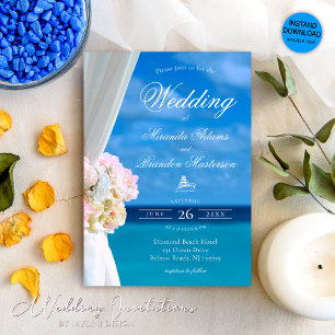 Elegant Floral Blue Ocean Beach Wedding Invitation