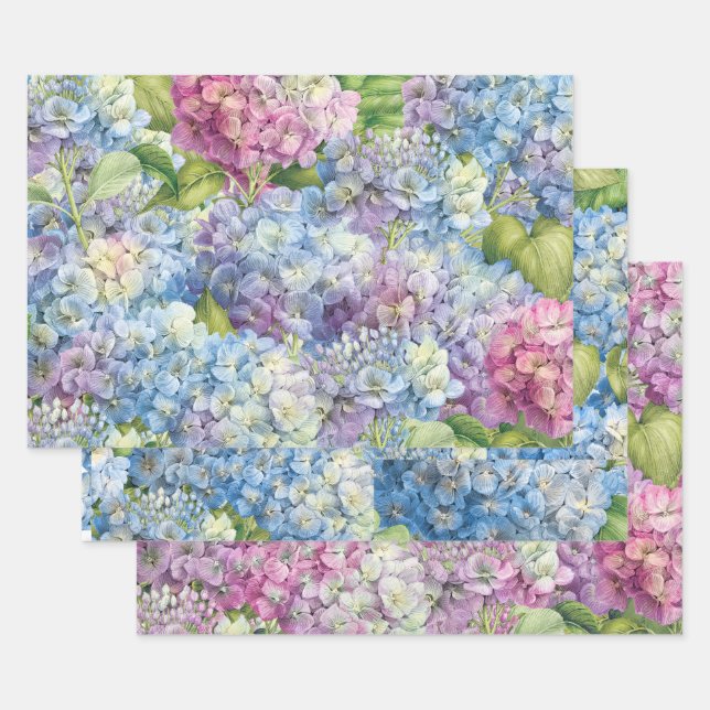 Elegant Floral Blue Pink Hydrangea Pattern Wrapping Paper Sheet (Set)