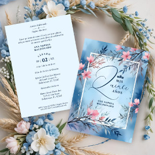 Elegant Floral Blue & Pink Romantic Frame XV's Invitation