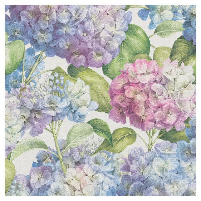 Elegant Floral Blue Purple Hydrangea Pattern Fabric (Close Up)