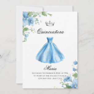Elegant Floral Blue Quinceañera Watercolor Invitation