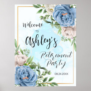 Elegant Floral Blue Retirement Party Welcome Sign