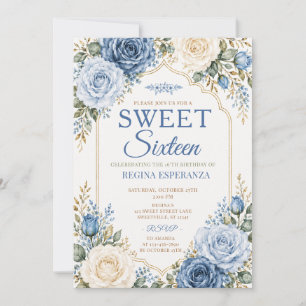 Elegant Floral Blue Rose Sweet Sixteen Birthday Invitation