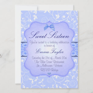Elegant Floral Blue Sweet16 Birthday Invitation