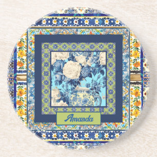 Elegant floral blue tile chinoiserie monogram coaster