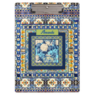 Elegant floral blue tile chinoiserie monogram note clipboard
