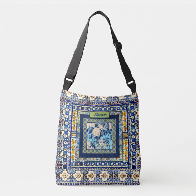 Elegant floral blue tile chinoiserie monogram note crossbody bag (Front)