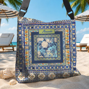 Elegant floral blue tile chinoiserie monogram note crossbody bag
