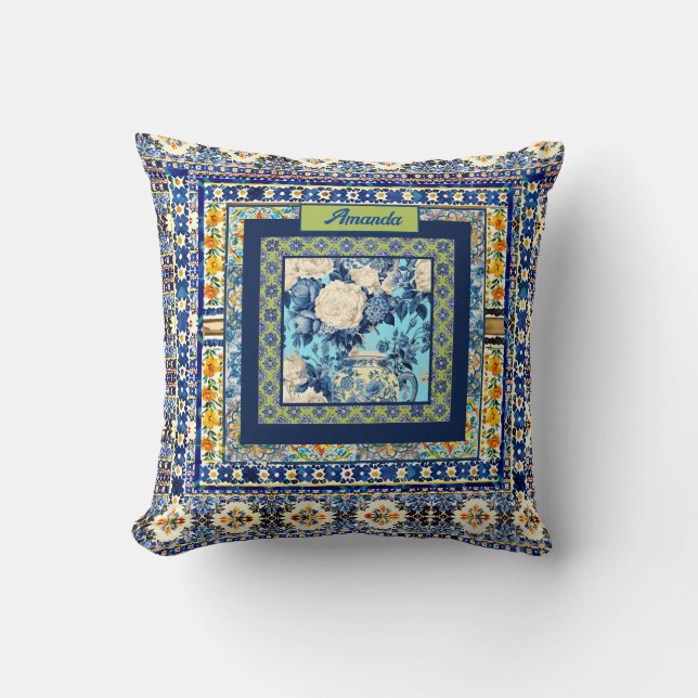 Elegant floral blue tile chinoiserie monogram note cushion (Front)