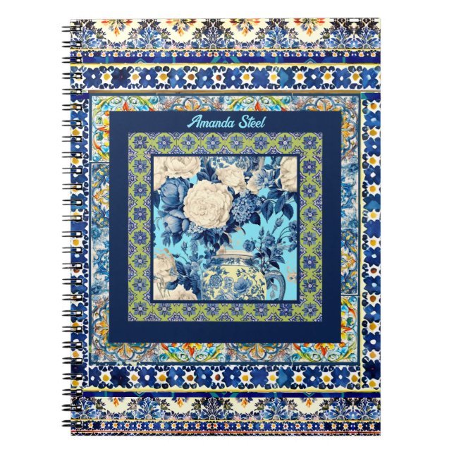 Elegant floral blue tile chinoiserie monogram notebook (Front)