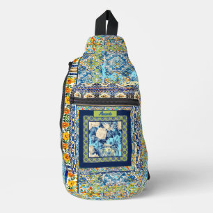 Elegant floral blue tile chinoiserie monogram prin sling bag