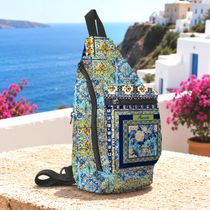 Elegant floral blue tile chinoiserie monogram prin sling bag