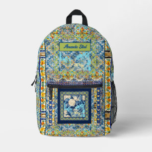Elegant floral blue tile chinoiserie monogram printed backpack
