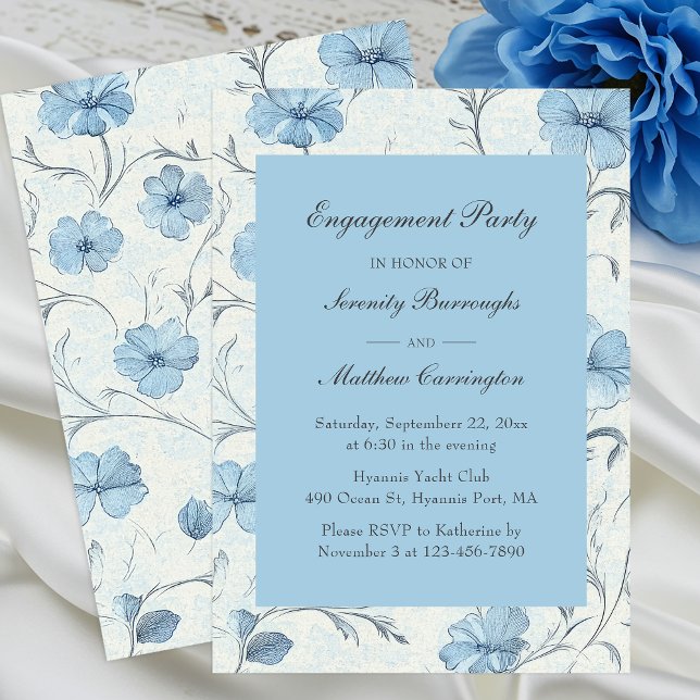 Elegant Floral Blue Vintage Garden Engagement  Invitation (Creator Uploaded)