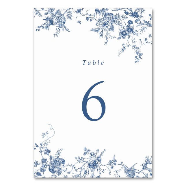Elegant Floral Blue Vintage Wedding Table Number (Front)