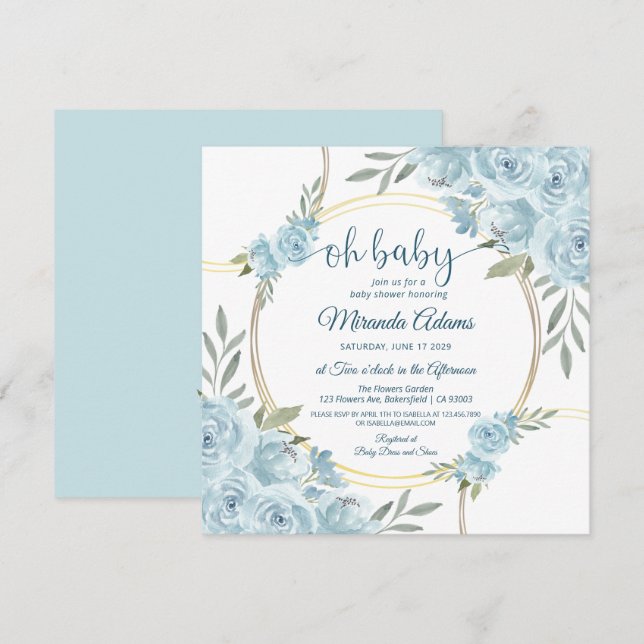 Elegant Floral Blue Watercolor Boy Baby Shower Invitation (Front/Back)