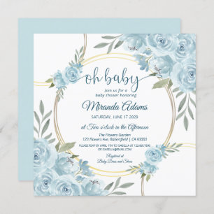 Elegant Floral Blue Watercolor Boy Baby Shower Invitation