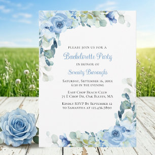 Elegant Floral Blue Watercolor Roses Bachelorette  Invitation