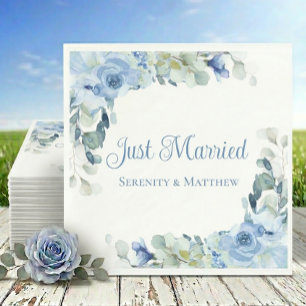 Elegant Floral Blue Watercolor Roses Just Married  Napkin