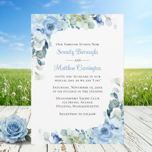 Elegant Floral Blue Watercolor Roses Wedding Invitation