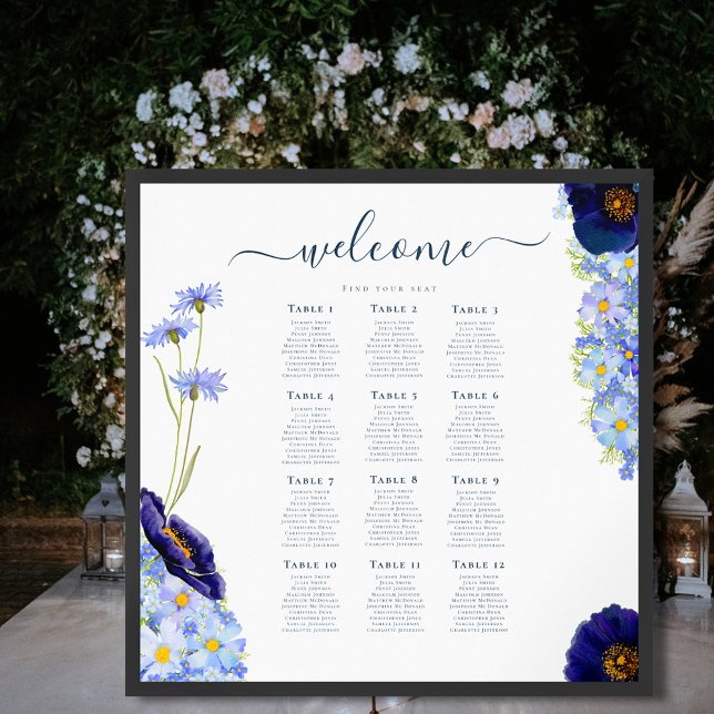 Elegant Floral Blue Wedding 12 Table Seating Chart (Elegant blue floral Wildflower wedding 12 table seating chart poster )