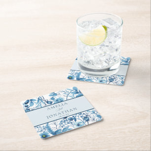Elegant Floral Blue Wedding Rehearsal Dinner Square Paper Coaster