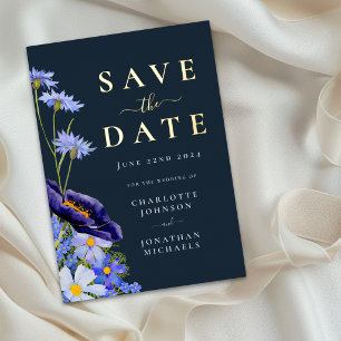Elegant Floral Blue Wedding Save The Date Gold