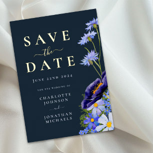 Elegant Floral Blue Wedding Save the Date Gold