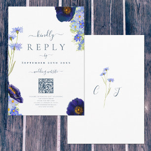 Elegant Floral Blue Wedding Website Reply QR Code RSVP Card