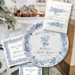 Elegant Floral Blue White Welcome Bridal Shower Paper Plate