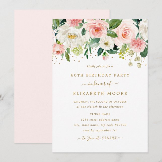Elegant Floral Blush Gold 60th Birthday Invitation (Front/Back)