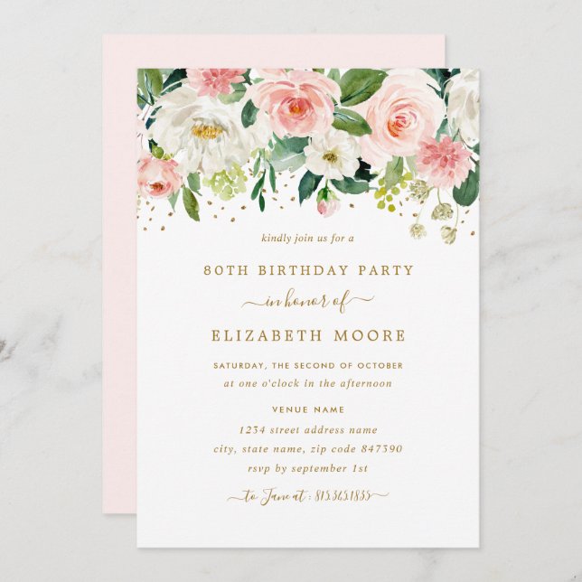 Elegant Floral Blush Gold 80th Birthday Invitation (Front/Back)