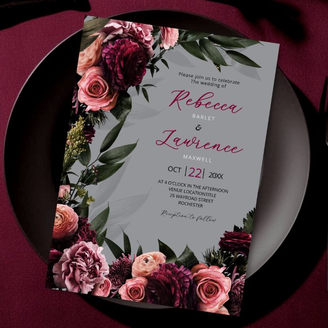 elegant floral blush grey wedding invitation (Creator Uploaded)