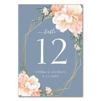 Elegant Floral Blush Peach Dusty Blue Gold Wedding Table Number