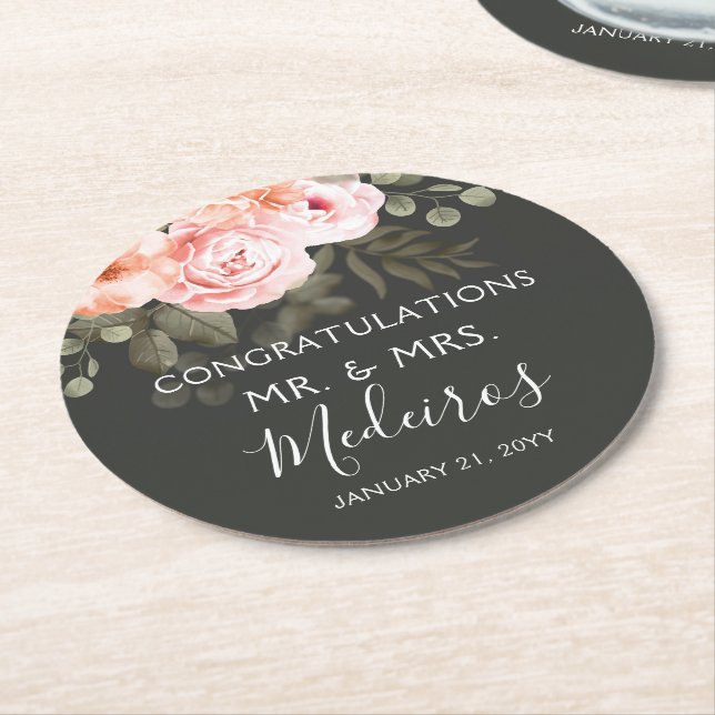 Elegant Floral Blush Pink Botanical Modern Wedding Round Paper Coaster (Angled)
