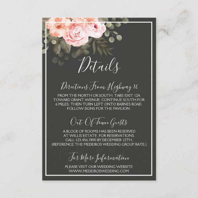 Elegant Floral Blush Pink Details / Directions Enclosure Card (Front)