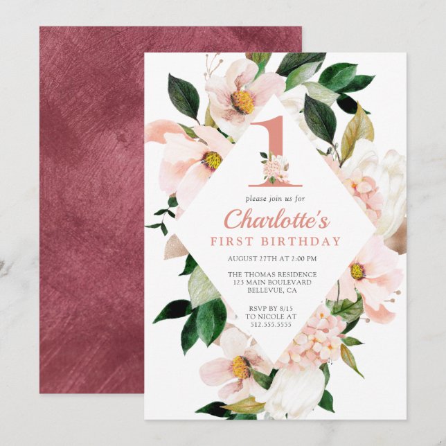 Elegant Floral Blush Pink First Birthday Invitation (Front/Back)