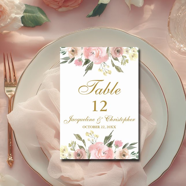 Elegant Floral Blush Pink Gold Script Table Number (Creator Uploaded)