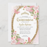 Elegant Floral Blush Pink Gold Tiara Quinceañera