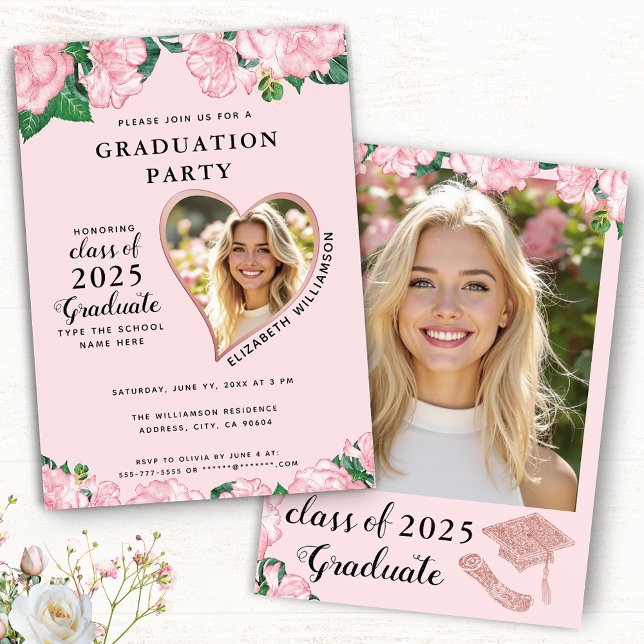 Elegant Floral Blush Pink Graduation Party Invitation (Creator Uploaded)