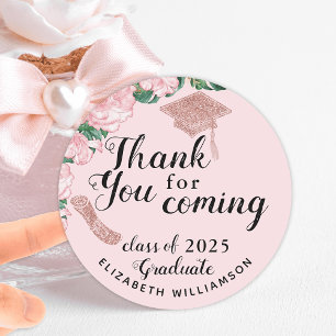 Elegant Floral Blush Pink Graduation Thank You Classic Round Sticker