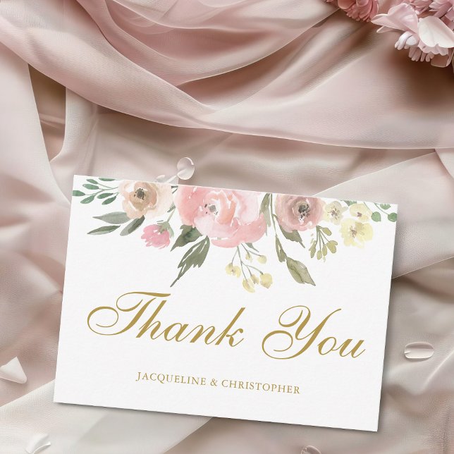 Elegant Floral Blush Pink Peony Gold Wedding Thank You Card (Creator Uploaded)