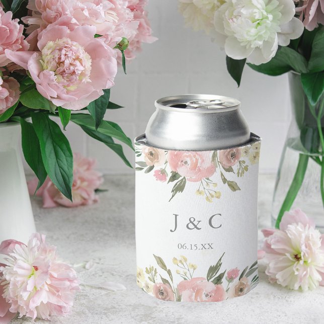 Elegant Floral Blush Pink Peony Monogram Wedding Can Cooler (Creator Uploaded)