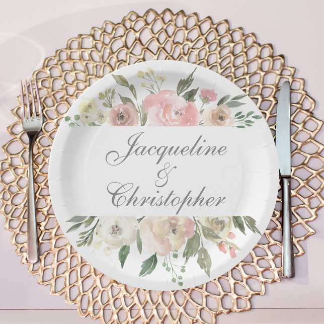 Elegant Floral Blush Pink Peony Sage Leaf Wedding Paper Plate (Creator Uploaded)